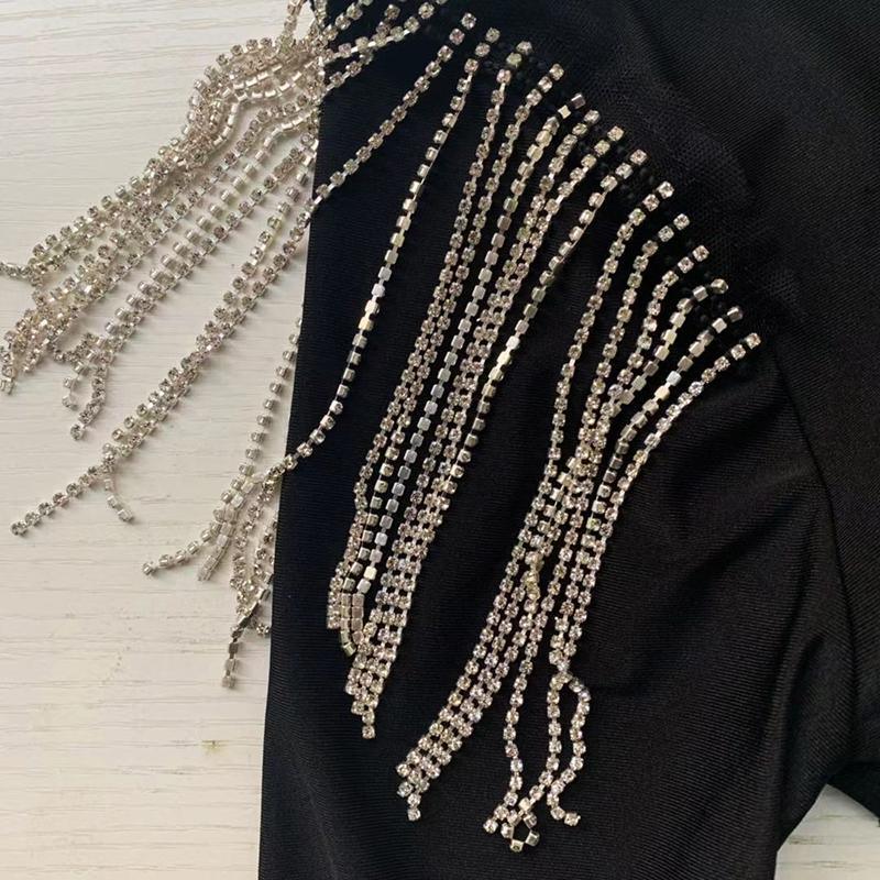 Tassels Detail Designed Plunge Dress  V Neck Long Sleeve Bodycon Dress Winter Solid Tight Waist Party Dresses Mssaz Desses