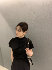 Temperament Pleated Stand Slim Shirts Mssza