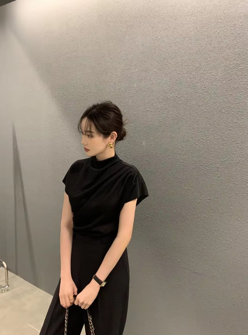 Temperament Pleated Stand Slim Shirts Mssza