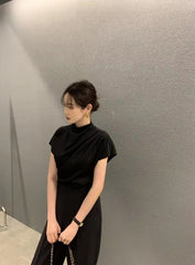 Temperament Pleated Stand Slim Shirts Mssza