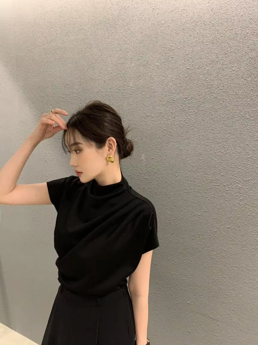Temperament Pleated Stand Slim Shirts Mssza