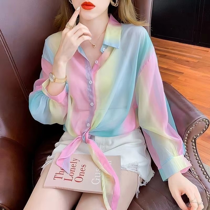 Thin Chiffon Lace Up Cardigan Long Sleeve Sun Protection Plus Size Shirt Mssza