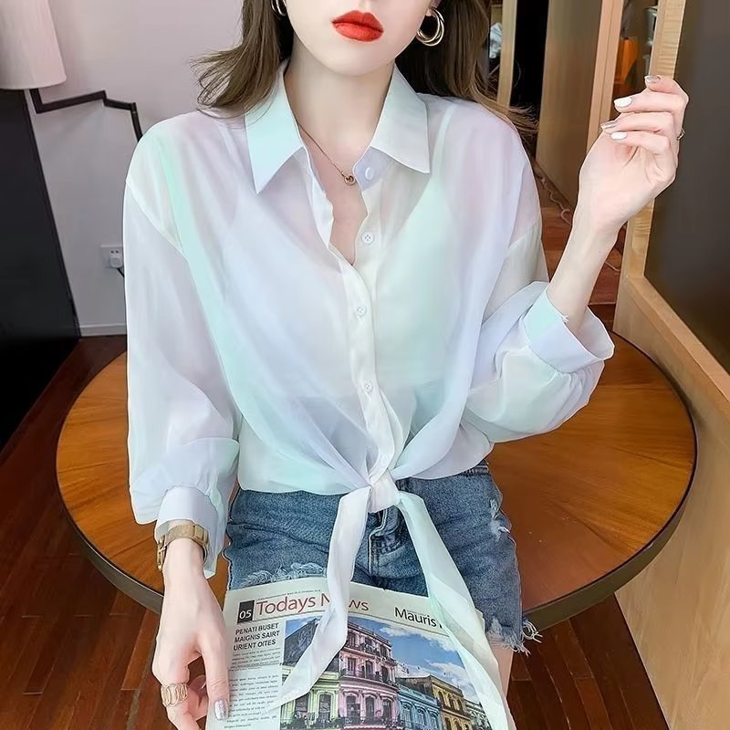 Thin Chiffon Lace Up Cardigan Long Sleeve Sun Protection Plus Size Shirt Mssza