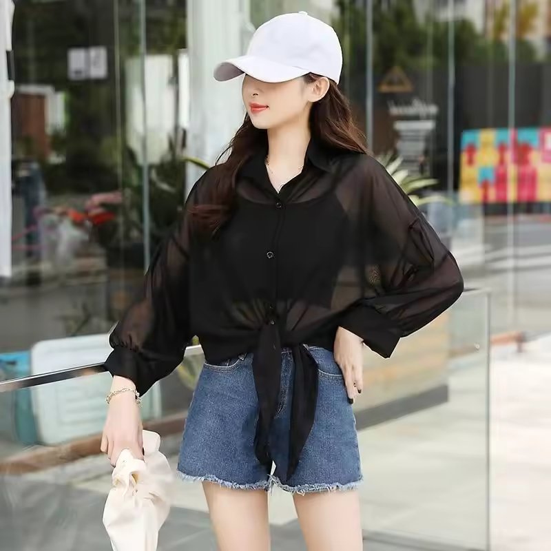 Thin Chiffon Lace Up Cardigan Long Sleeve Sun Protection Plus Size Shirt Mssza