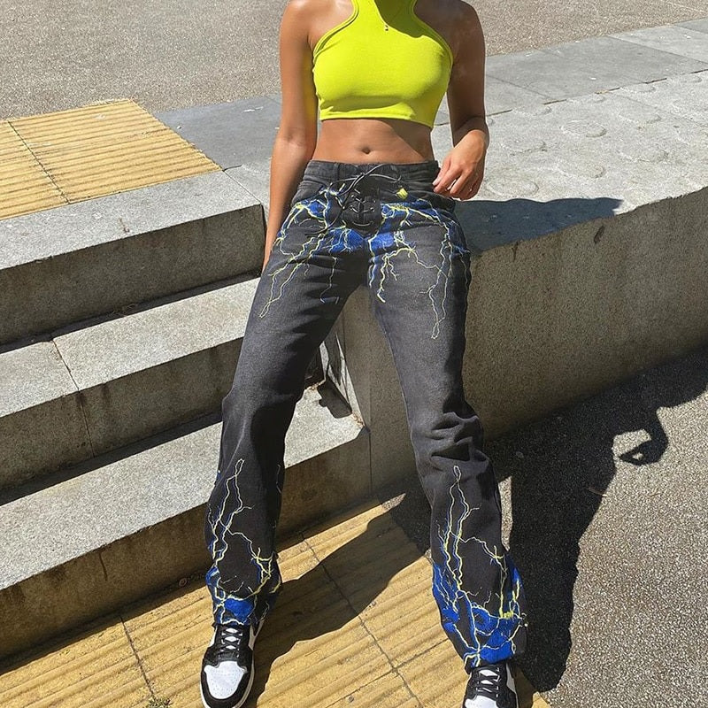 Thunder Print Straight Skinny Patchwork Hippie Cargo Pants Mssza