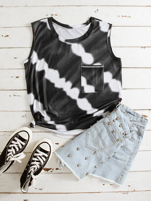 Tie Dye O-neck Sleeveless Pocket Casual Tank Top Mssza