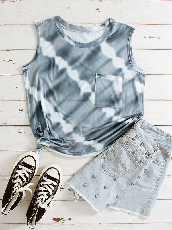 Tie Dye O-neck Sleeveless Pocket Casual Tank Top Mssza