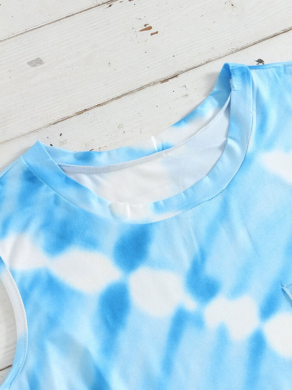 Tie Dye O-neck Sleeveless Pocket Casual Tank Top Mssza