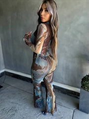 Tie Dye Print Full Sleeve Single Breasted Shirts Tops and Flare Pants Two 2 Piece Set Mssza