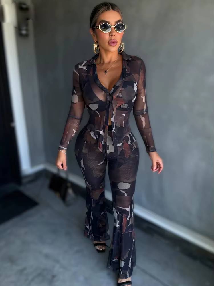 Tie Dye Print Full Sleeve Single Breasted Shirts Tops and Flare Pants Two 2 Piece Set Mssza