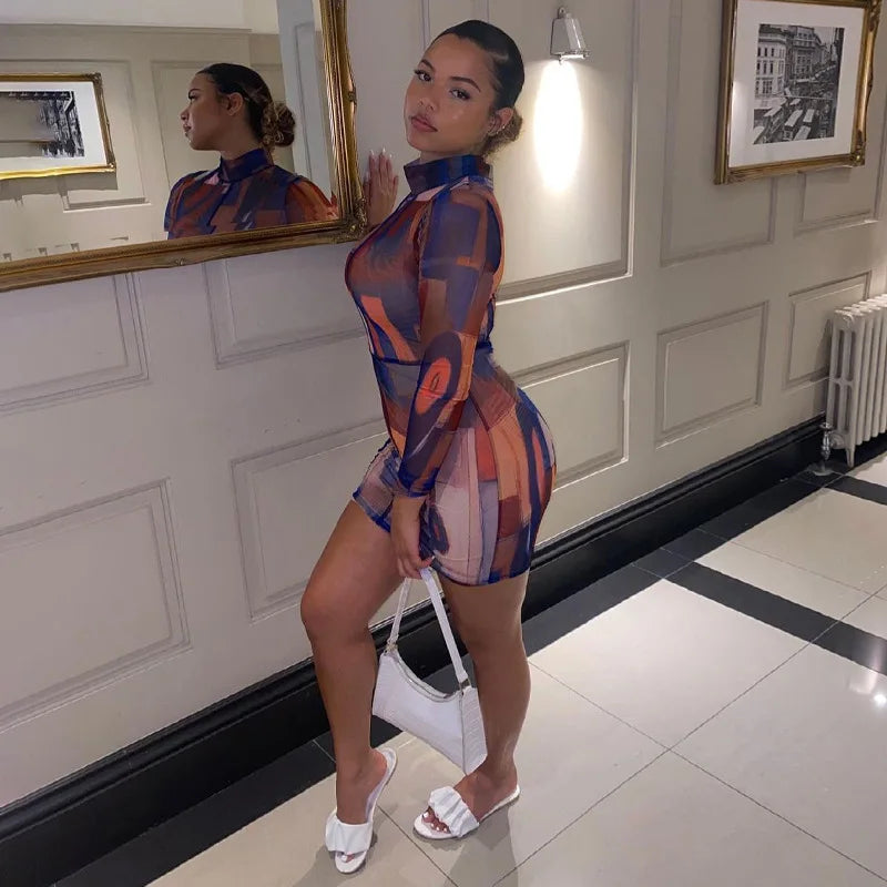 Tie Dye Long Sleeve High Neck Bodycon Streetwear Party Club   Mini Dress Mssaz Desses