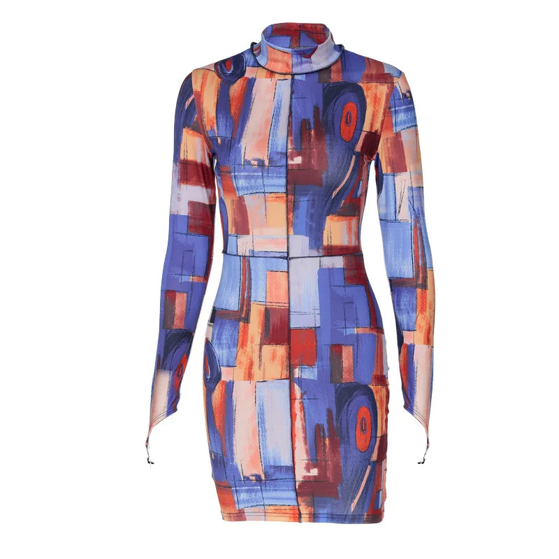 Tie Dye Long Sleeve High Neck Bodycon Streetwear Party Club   Mini Dress Mssaz Desses