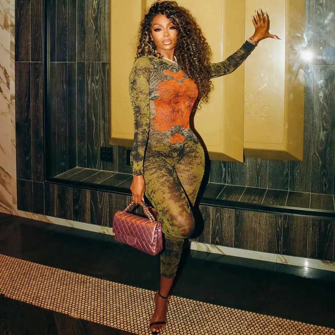 Tie-Dye Printed Mesh O-Neck Full Sleeve Back Zipper Skinny Jumpsuit Rompers Mssza