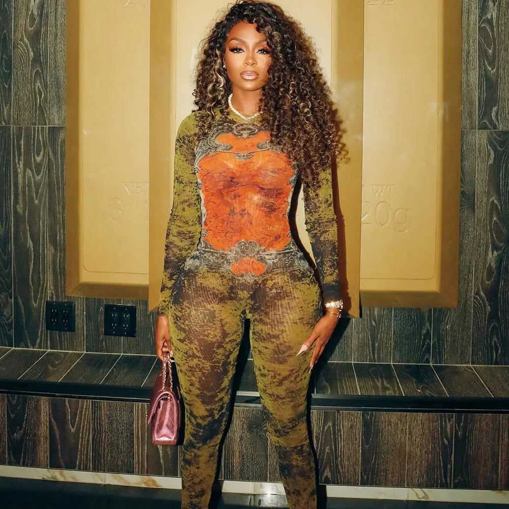 Tie-Dye Printed Mesh O-Neck Full Sleeve Back Zipper Skinny Jumpsuit Rompers Mssza