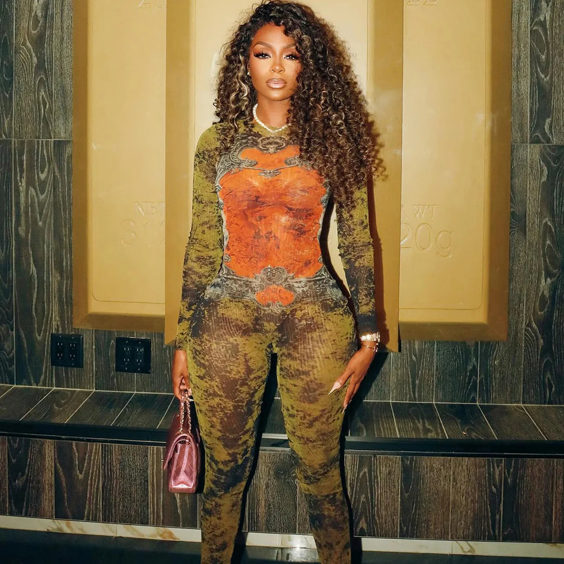 Tie-Dye Printed Mesh O-Neck Full Sleeve Back Zipper Skinny Jumpsuit Rompers Mssza