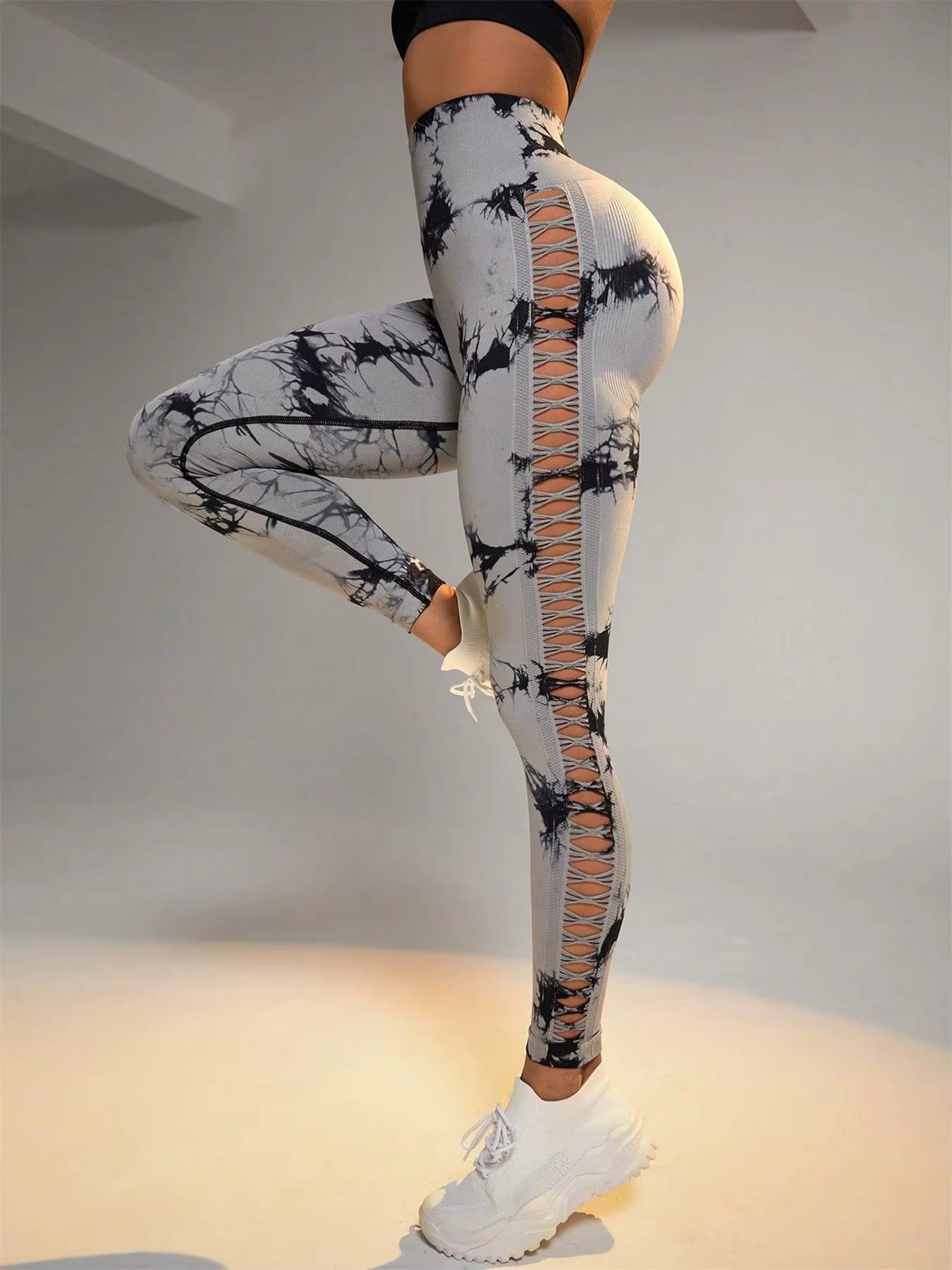 Tie Dye Scrunch Butt Lifting Side Mesh Design Seamless Leggings Mssza