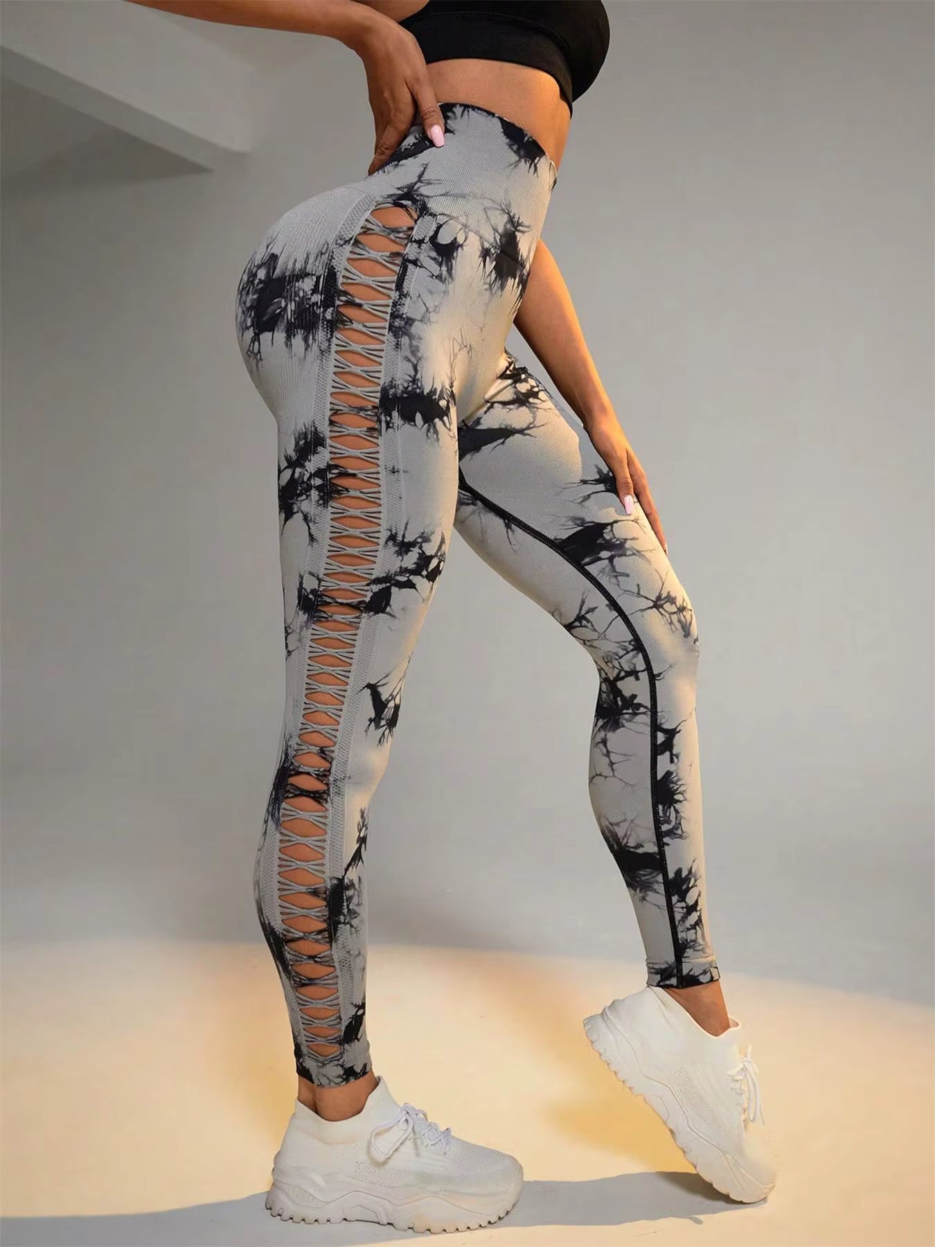 Tie Dye Scrunch Butt Lifting Side Mesh Design Seamless Leggings Mssza