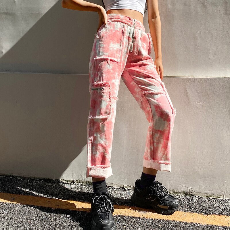 Tie Dye Skinny Ripped Pockets Zipper Up Cargo Pants Mssza