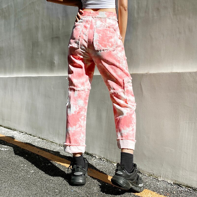 Tie Dye Skinny Ripped Pockets Zipper Up Cargo Pants Mssza