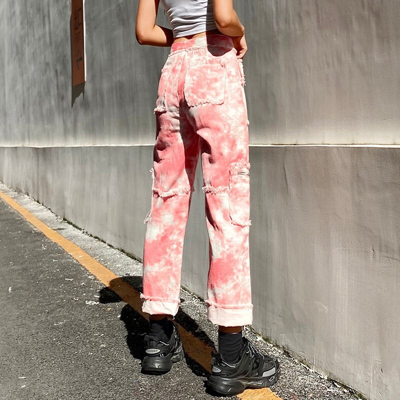 Tie Dye Skinny Ripped Pockets Zipper Up Cargo Pants Mssza