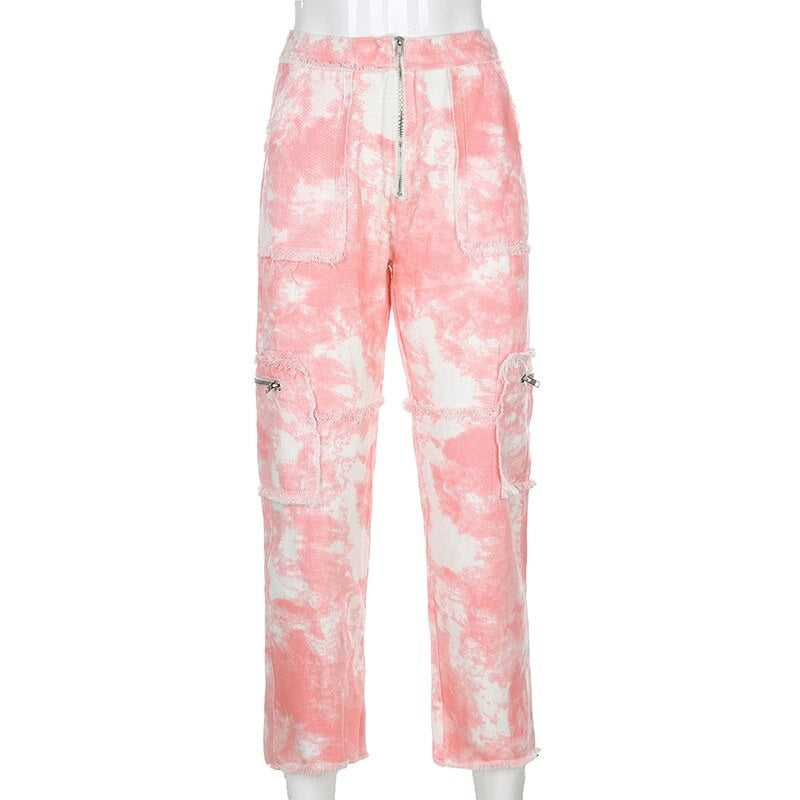 Tie Dye Skinny Ripped Pockets Zipper Up Cargo Pants Mssza