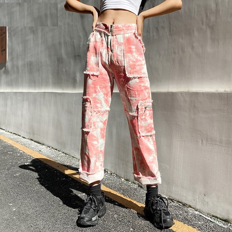 Tie Dye Skinny Ripped Pockets Zipper Up Cargo Pants Mssza