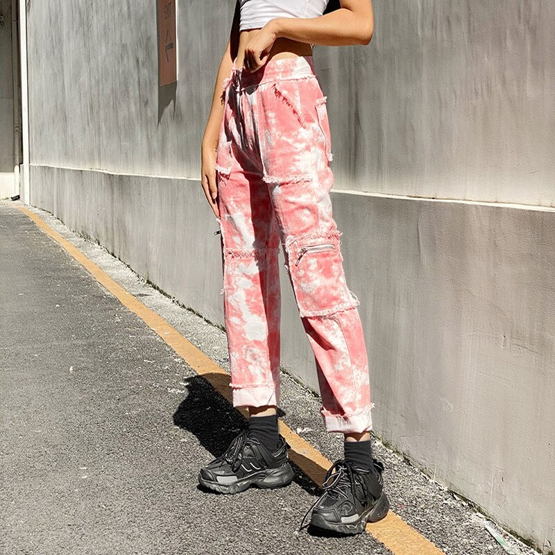 Tie Dye Skinny Ripped Pockets Zipper Up Cargo Pants Mssza