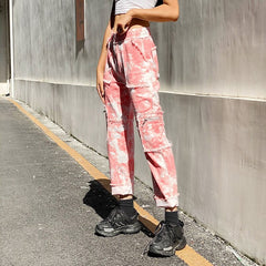Tie Dye Skinny Ripped Pockets Zipper Up Cargo Pants Mssza