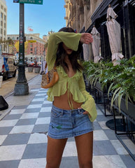 Tie Up Open Front Lace Cardigan Lace Up Lapel Crop Tops Vintage Shirt Mssza