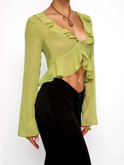 Tie Up Open Front Lace Cardigan Lace Up Lapel Crop Tops Vintage Shirt Mssza