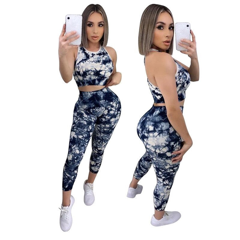 Tie-dyed Print Streetwear Vest Tops And Leggings Pants Two Piece Sets Mssza