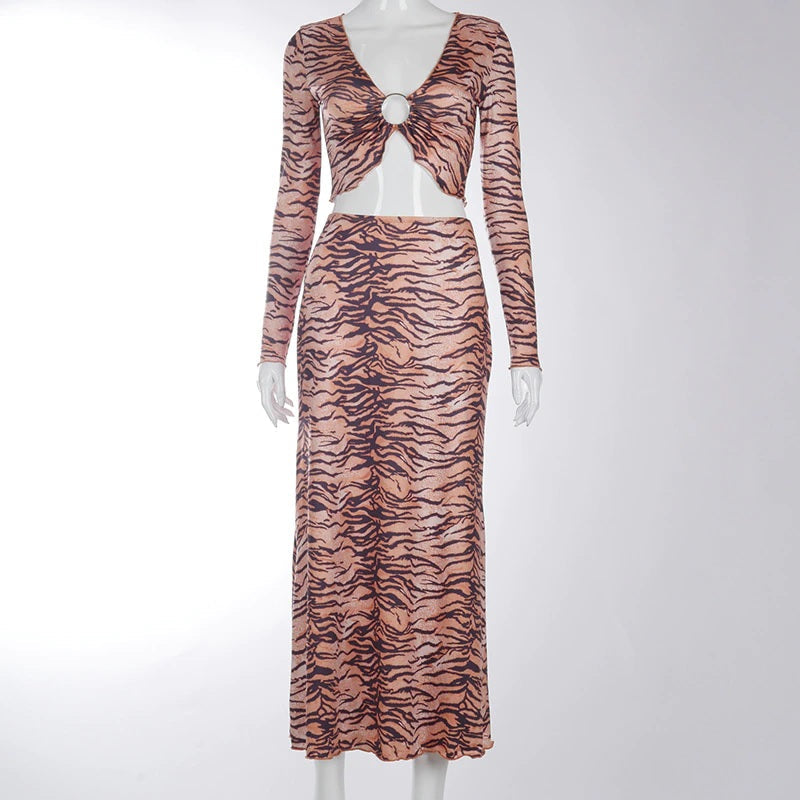 Tiger Printed Long Sleeve Tops Maxi Skirts Matching 2 Piece Set Mssza