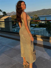 Backless Casual Female Sleeveless Luxury Metallic Patchwork  Strapless Solid Ladies Casual Dress Mssaz Desses