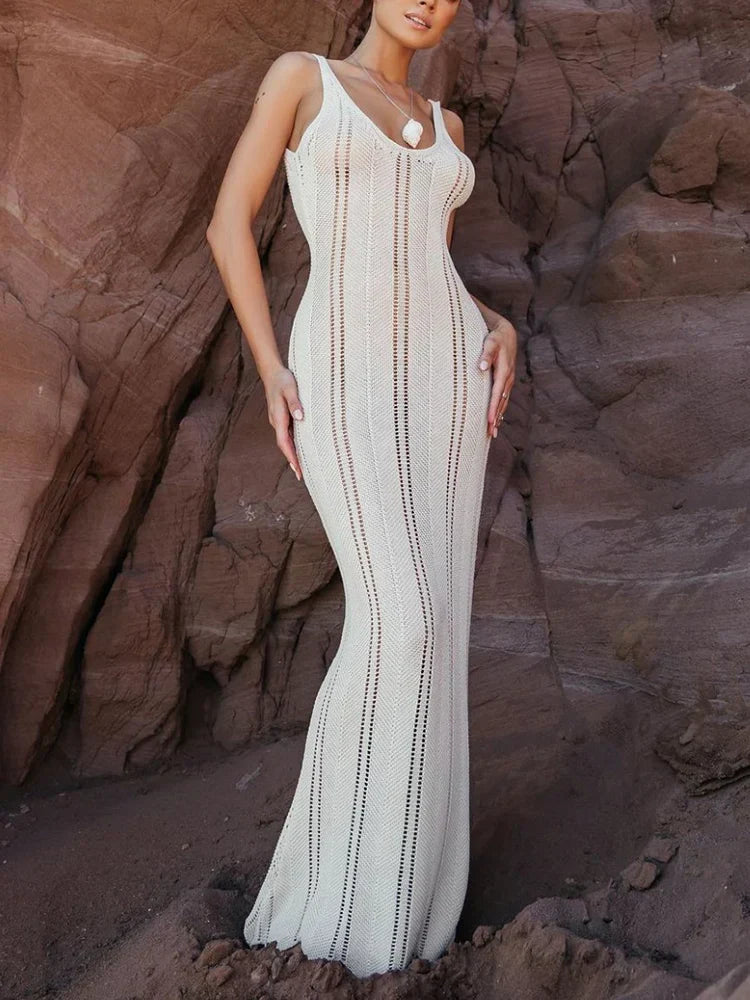 Backless Wrap Hip Knit Cover Up Dresses Hollow See Through Sleeveless Solid Elegant Maxi Beach New Casual Dress Mssaz Desses