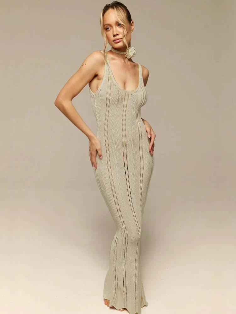 Backless Wrap Hip Knit Cover Up Dresses Hollow See Through Sleeveless Solid Elegant Maxi Beach New Casual Dress Mssaz Desses