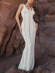 Backless Wrap Hip Knit Cover Up Dresses Hollow See Through Sleeveless Solid Elegant Maxi Beach New Casual Dress Mssaz Desses