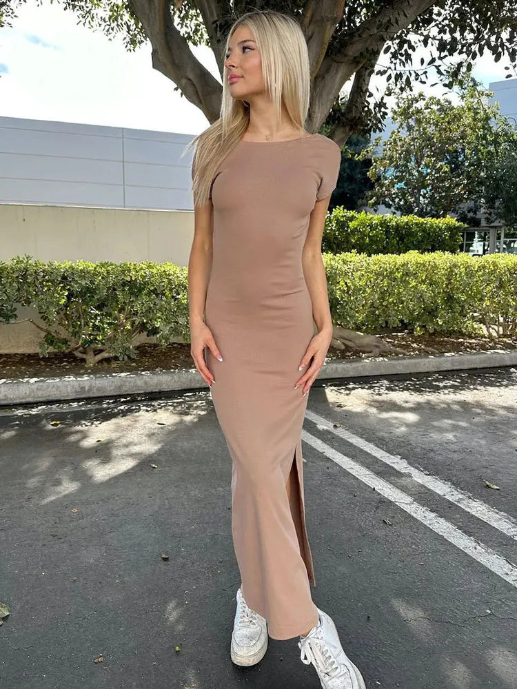Female Short Sleeve Casual Elegant Side Split Streetwear Basic Y2k Maxi For Casual Dress Mssaz Desses