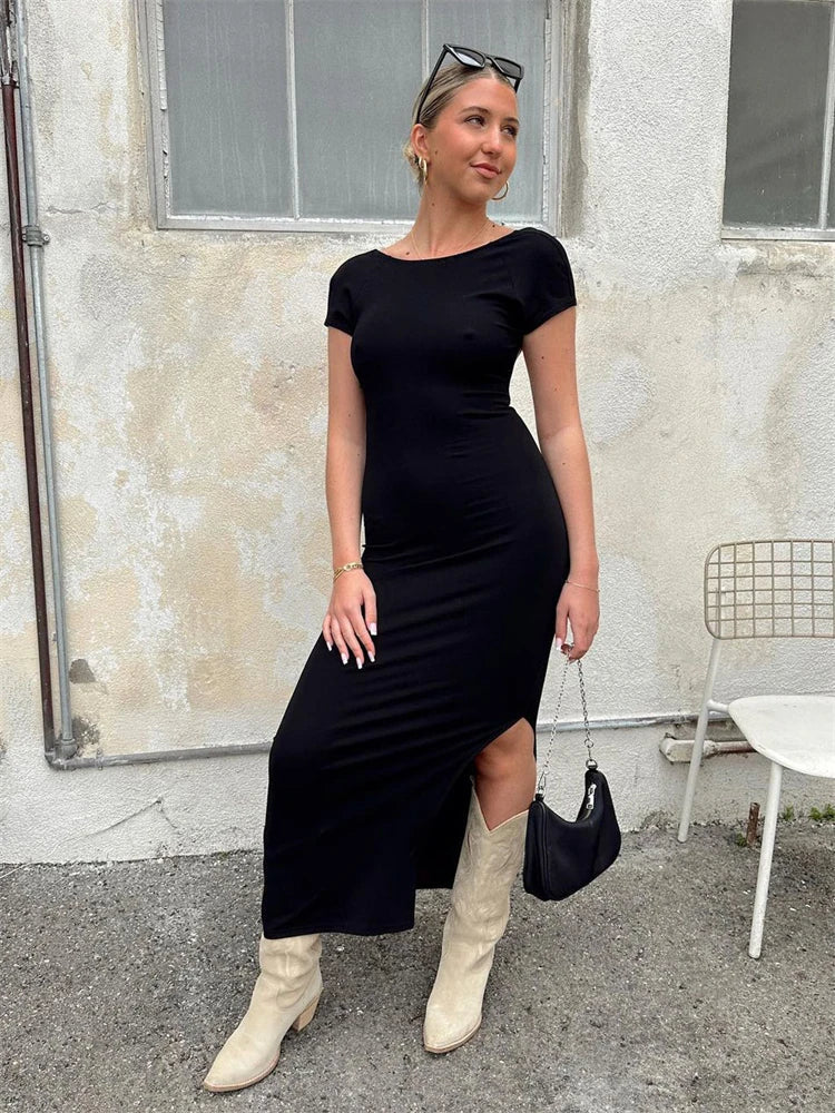 Female Short Sleeve Casual Elegant Side Split Streetwear Basic Y2k Maxi For Casual Dress Mssaz Desses
