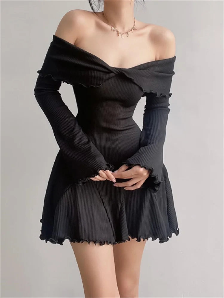 Black Knit Off-Shoulder Loose Slim Ribbed Dress Knitwear Clothes Female Casual Dress Mssaz Desses