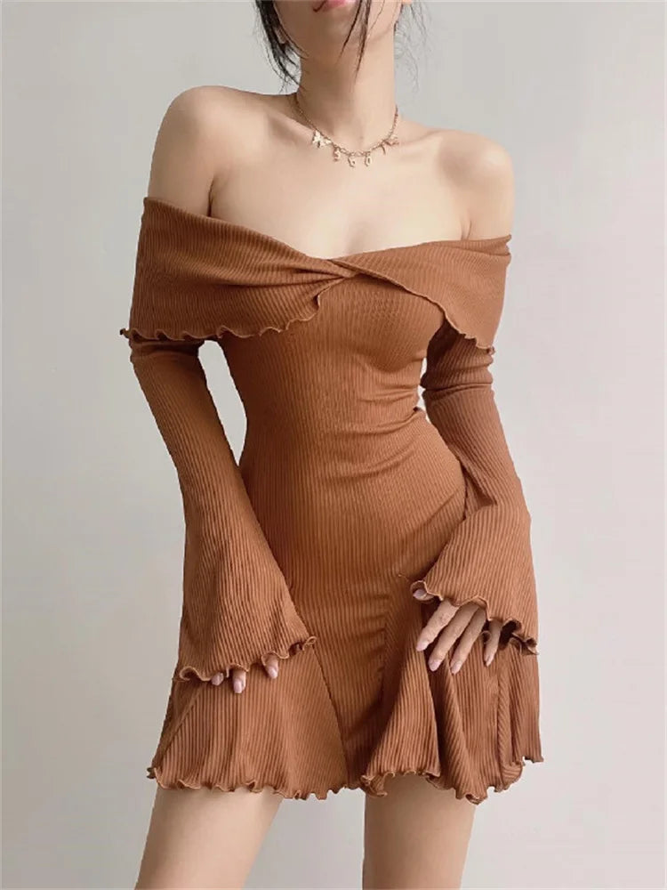 Black Knit Off-Shoulder Loose Slim Ribbed Dress Knitwear Clothes Female Casual Dress Mssaz Desses
