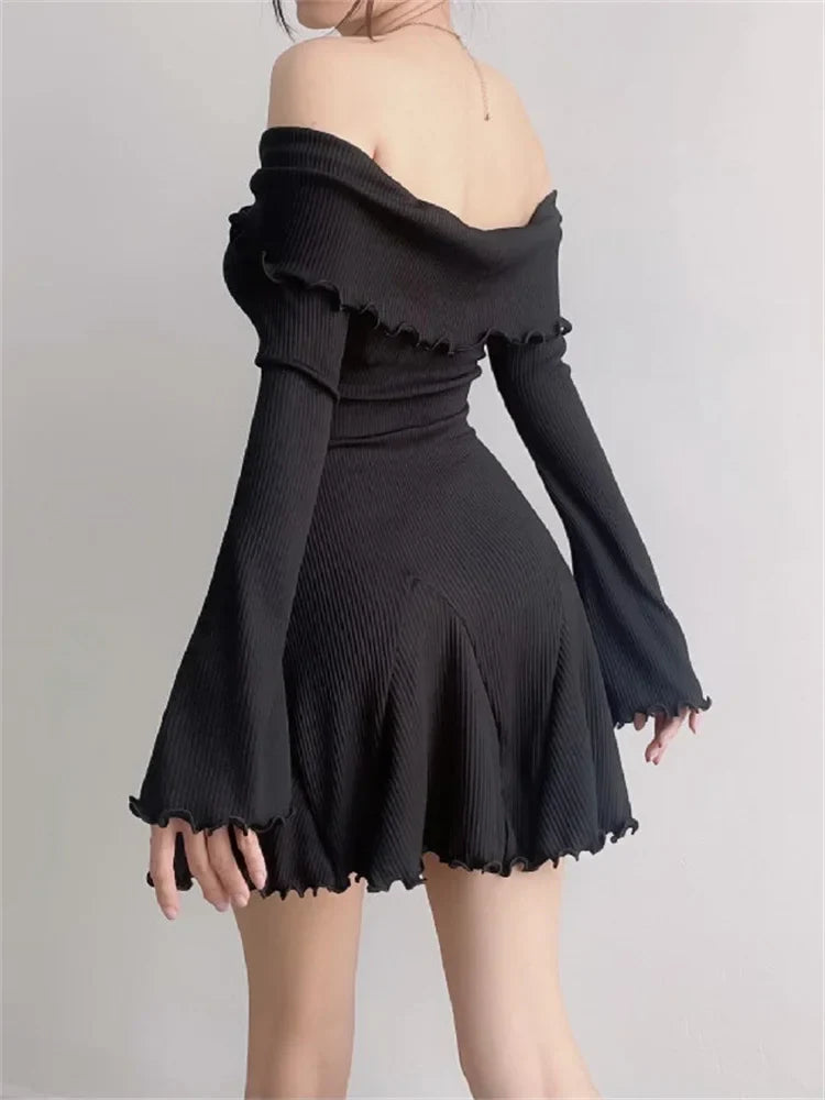 Black Knit Off-Shoulder Loose Slim Ribbed Dress Knitwear Clothes Female Casual Dress Mssaz Desses
