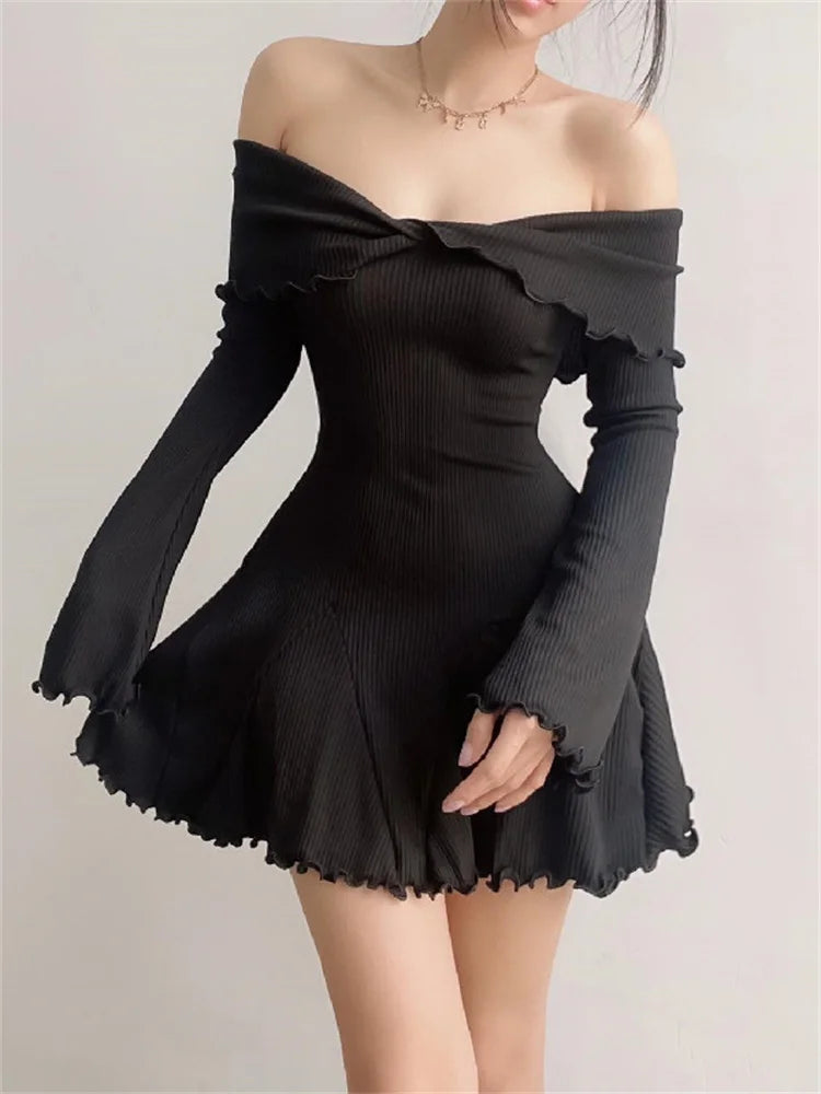 Black Knit Off-Shoulder Loose Slim Ribbed Dress Knitwear Clothes Female Casual Dress Mssaz Desses
