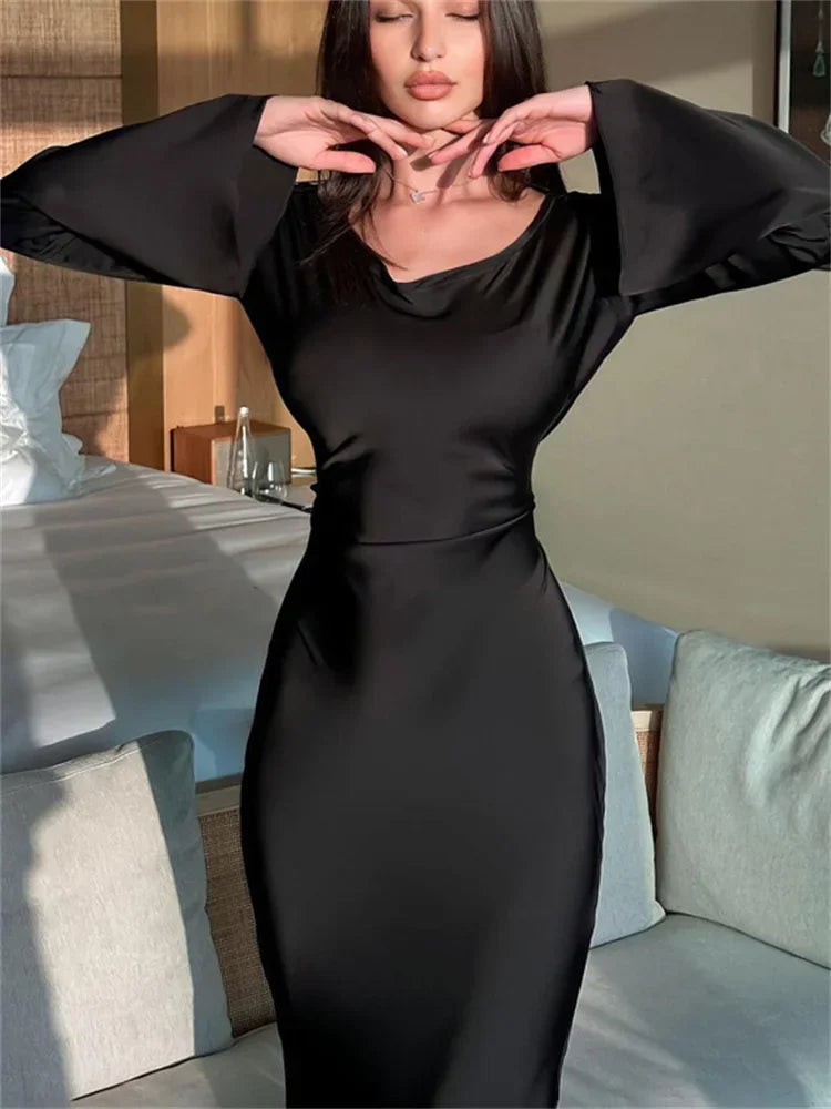 Black Satin Bandage Slin High Waist Patchwork Long Sleeve Ladies Gown New Casual Dress Mssaz Desses