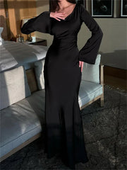 Black Satin Bandage Slin High Waist Patchwork Long Sleeve Ladies Gown New Casual Dress Mssaz Desses