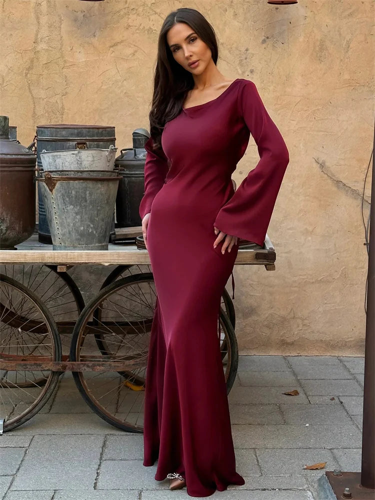 Black Satin Bandage Slin High Waist Patchwork Long Sleeve Ladies Gown New Casual Dress Mssaz Desses