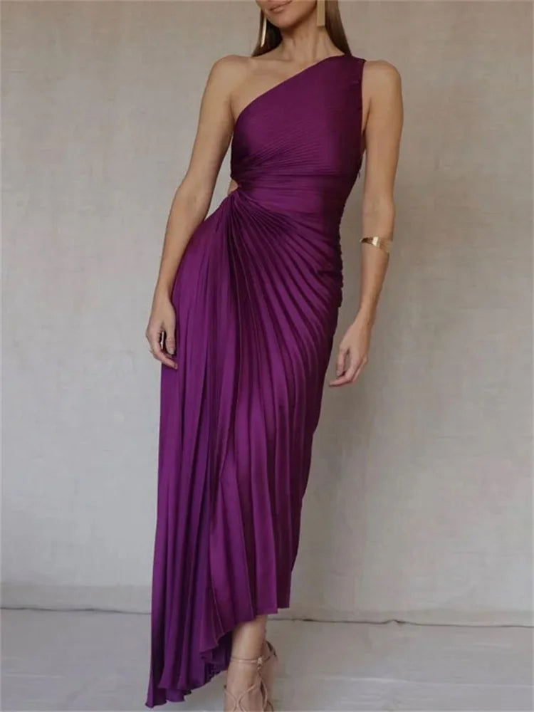 Female  Dress Gown Pleated One-Shoulder Sleeveless  Party Solid Maxi Casual Dress Mssaz Desses