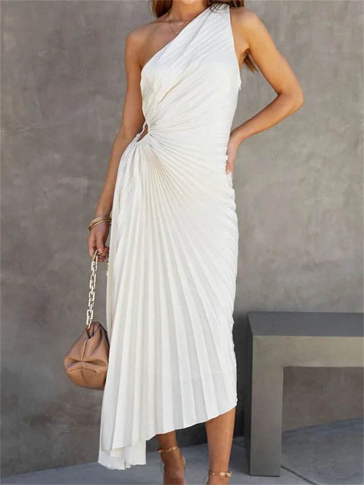 Female  Dress Gown Pleated One-Shoulder Sleeveless  Party Solid Maxi Casual Dress Mssaz Desses