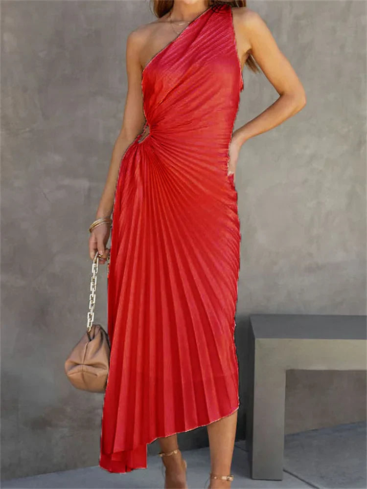 Female  Dress Gown Pleated One-Shoulder Sleeveless  Party Solid Maxi Casual Dress Mssaz Desses