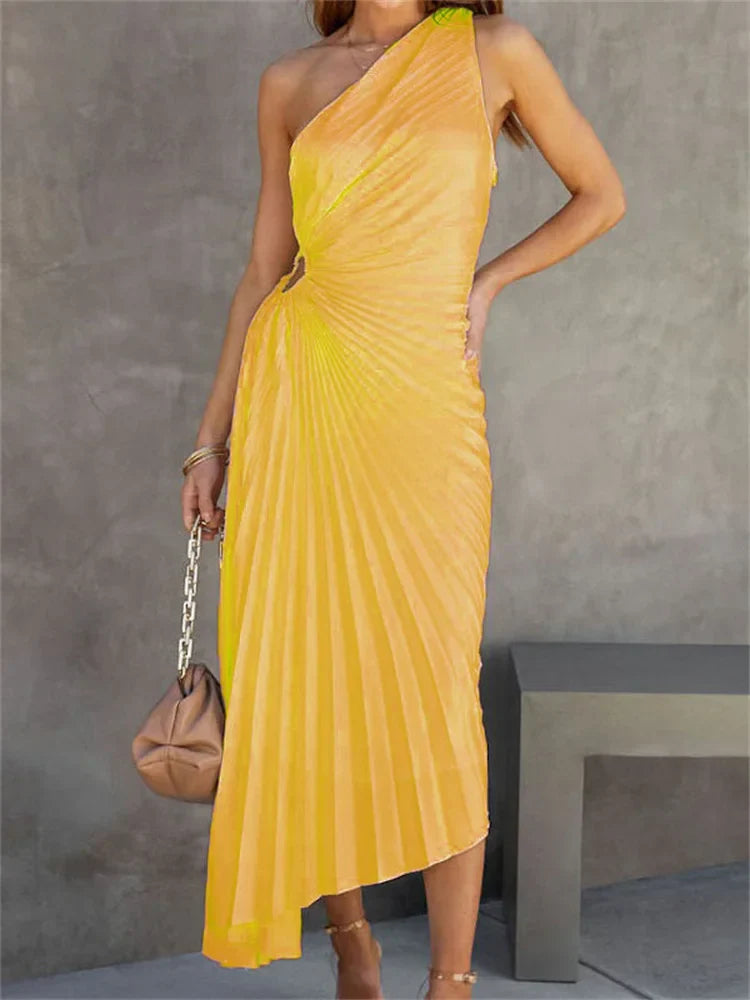 Female  Dress Gown Pleated One-Shoulder Sleeveless  Party Solid Maxi Casual Dress Mssaz Desses