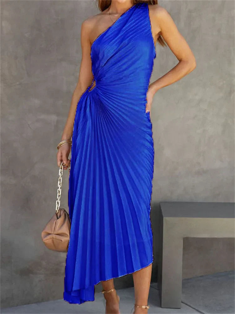 Female  Dress Gown Pleated One-Shoulder Sleeveless  Party Solid Maxi Casual Dress Mssaz Desses